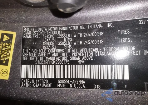 2019 Toyota Highlander Le from USA, damaged, VIN 5TDBZRFH8KS966175